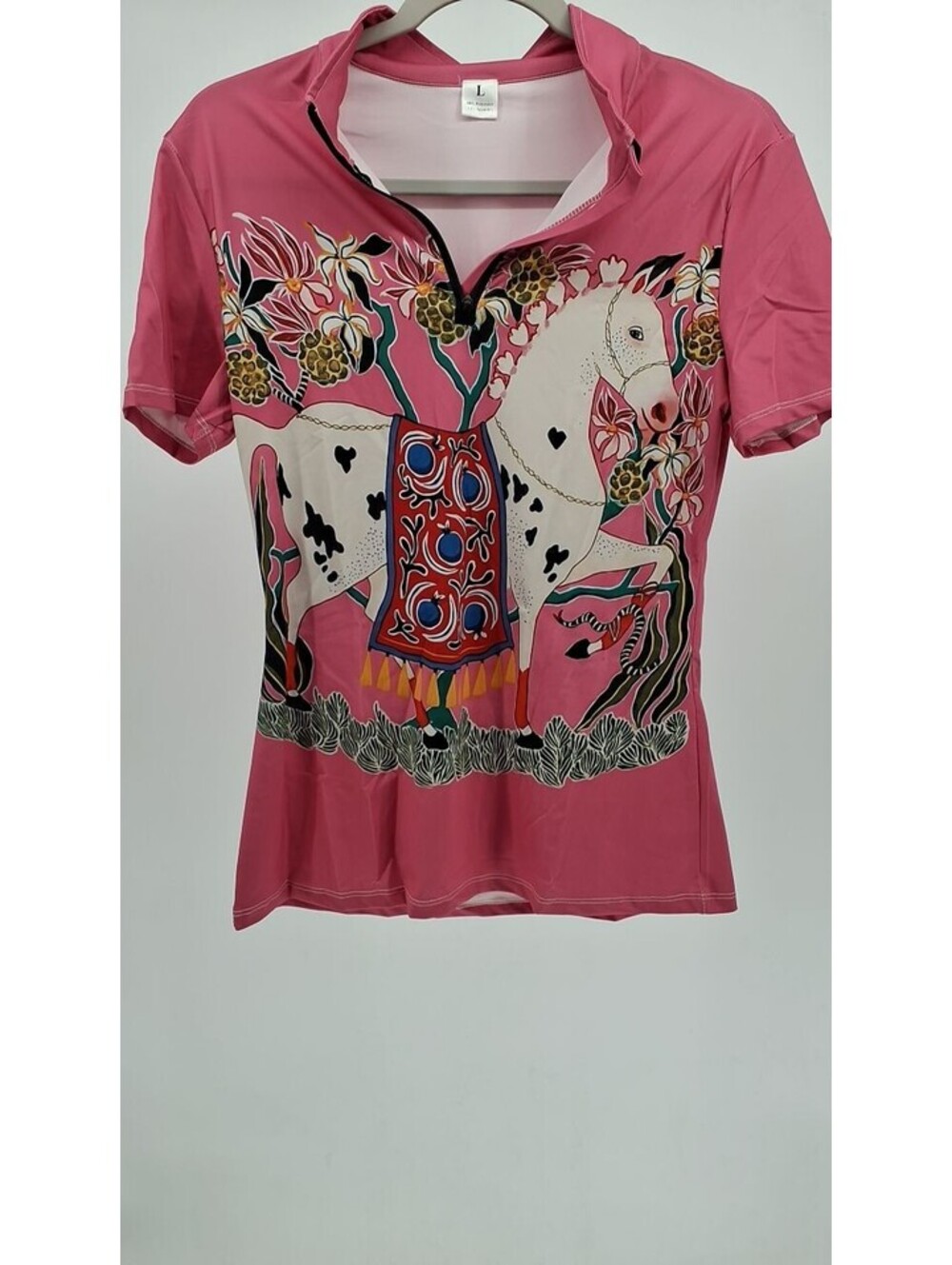 RIDER ATELIER Folk Art Horse Print Short-Sleeve Quarter-Zip Riding Top